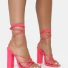 Outlet Nyla Patent Strappy Lace Up Square Toe Block Heels Strappy Heels | Pink Heels
