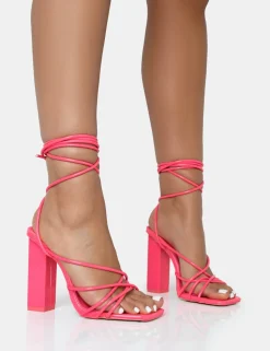 Outlet Nyla Patent Strappy Lace Up Square Toe Block Heels Strappy Heels | Pink Heels