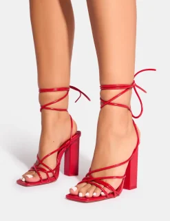 Cheap Nyla Patent Strappy Lace Up Square Toe Block Heels Square Toe Heels | Lace Up Heels
