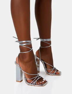 Clearance Nyla Wide Fit Mirror Strappy Lace Up Square Toe Block Heels Wide Fit Block Heels | Wide Fit Heels