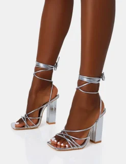 Clearance Nyla Wide Fit Mirror Strappy Lace Up Square Toe Block Heels Wide Fit Block Heels | Wide Fit Heels