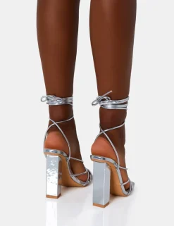 Clearance Nyla Wide Fit Mirror Strappy Lace Up Square Toe Block Heels Wide Fit Block Heels | Wide Fit Heels