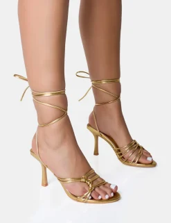 Discount Oceania Strappy Side Knot Lace Up Mid Heels Strappy Heels | Gold Heels