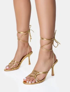 Discount Oceania Strappy Side Knot Lace Up Mid Heels Strappy Heels | Gold Heels
