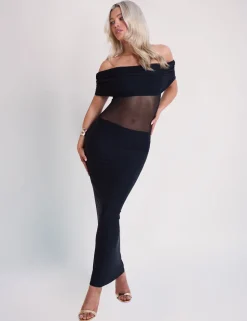 Store Off Shoulder Mesh Insert Maxi Dress Dresses
