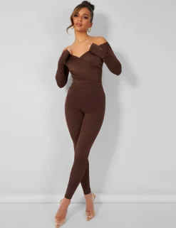 Store Off Shoulder Ruched Long Sleeve Jumpsuit Back In Stock | Jumpsuits & Playsuits