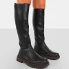 Flash Sale On Point Chocolate Black PU Chunky Sole Knee High Boots Knee High Boots | Long Boots