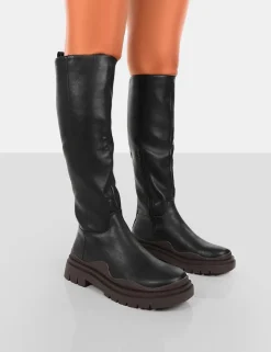 Flash Sale On Point Chocolate Black PU Chunky Sole Knee High Boots Knee High Boots | Long Boots