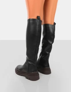 Flash Sale On Point Chocolate Black PU Chunky Sole Knee High Boots Knee High Boots | Long Boots
