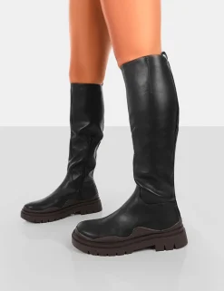 Flash Sale On Point Chocolate Black PU Chunky Sole Knee High Boots Knee High Boots | Long Boots