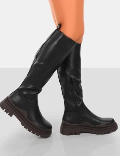 Flash Sale On Point Chocolate Black PU Chunky Sole Knee High Boots Knee High Boots | Long Boots