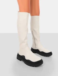 Best Sale On Point Black PU Chunky Sole Knee High Boots Knee High Boots | Long Boots