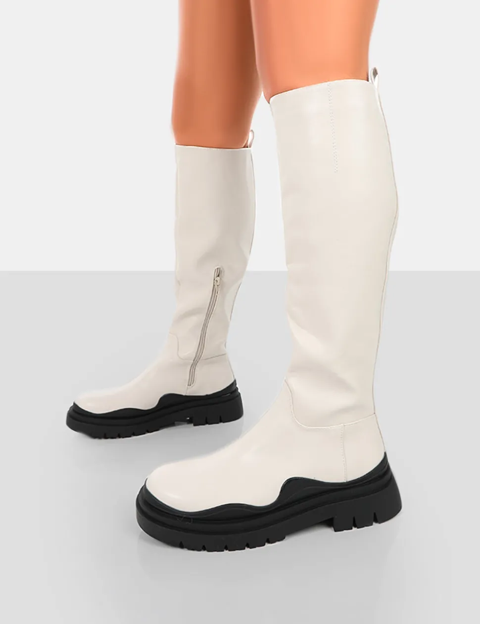 Best Sale On Point Black PU Chunky Sole Knee High Boots Knee High Boots | Long Boots