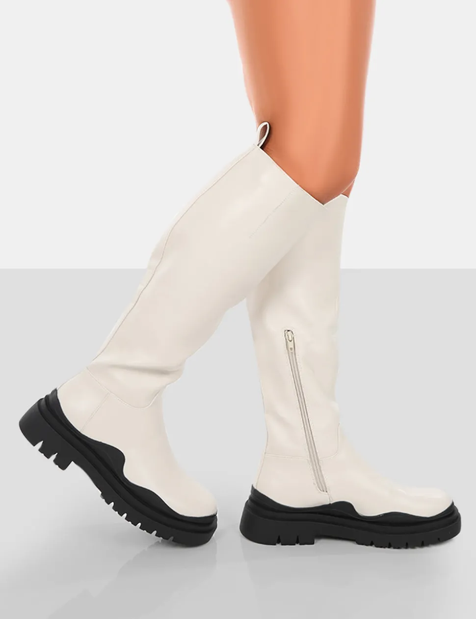 Best Sale On Point Black PU Chunky Sole Knee High Boots Knee High Boots | Long Boots