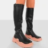 Shop On Point Black PU Chunky Sole Knee High Boots Knee High Boots | Long Boots