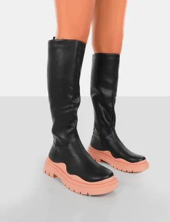 Shop On Point Black PU Chunky Sole Knee High Boots Knee High Boots | Long Boots