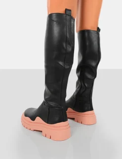 Shop On Point Black PU Chunky Sole Knee High Boots Knee High Boots | Long Boots