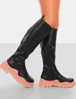 Shop On Point Black PU Chunky Sole Knee High Boots Knee High Boots | Long Boots