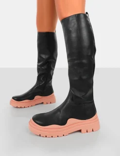 Shop On Point Black PU Chunky Sole Knee High Boots Knee High Boots | Long Boots
