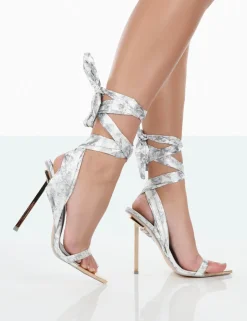 Flash Sale On Trend Print Satin Wrap Around Pointed Toe Stiletto Heels Lace Up Heels | High Heels