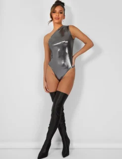 Fashion One Shoulder Ruched Metallic Bodysuit Bodysuits | Tops