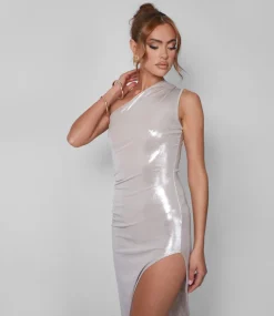Flash Sale One Shoulder Ruched Metallic Midi Dress With Split Champagne Dresses