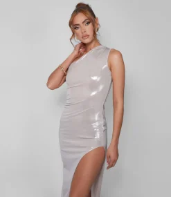 Flash Sale One Shoulder Ruched Metallic Midi Dress With Split Champagne Dresses