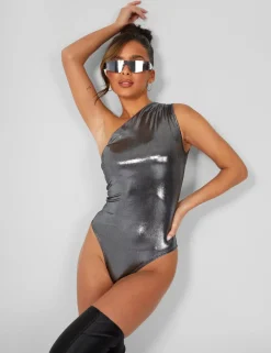 Fashion One Shoulder Ruched Metallic Bodysuit Bodysuits | Tops