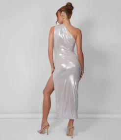 Flash Sale One Shoulder Ruched Metallic Midi Dress With Split Champagne Dresses