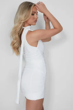 Sale One Shoulder Ruched Mini Dress With Scarf White Dresses