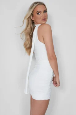 Sale One Shoulder Ruched Mini Dress With Scarf White Dresses