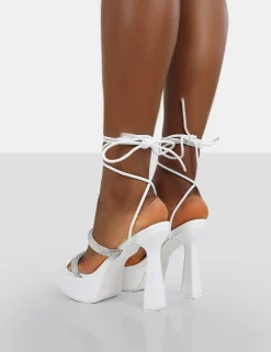 Clearance Opal White Pu Diamanté Lace Up Platform Heels 5" Heels | Diamante Heels