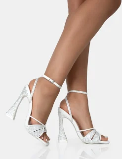 Best Opulence Pu Diamante Strappy Square Toe Flared Block Heels Strappy Heels | Diamante Heels