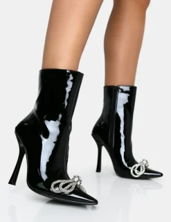 Clearance Orla Patent Diamante Bow Pointed Toe Stiletto Ankle Boots 4" Heels | Diamante Heels