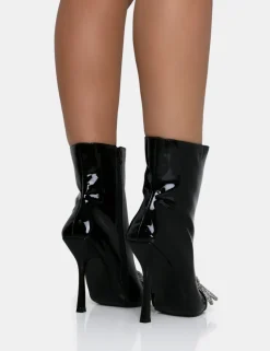 Clearance Orla Patent Diamante Bow Pointed Toe Stiletto Ankle Boots 4" Heels | Diamante Heels