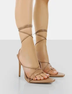 Fashion Otti Toffee PU Lace Up Stiletto Heels 4" Heels | Lace Up Heels