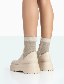 Flash Sale Paloma Nude Boucle Knit Platform Chunky Sole Sock Ankle Boots Sock Boots | Ankle Boots