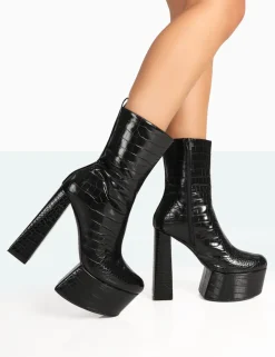 Store Parker Patent Croc Platform Rounded Pointed Toe Block Heeled Ankle Boots Platform Heels | High Heels