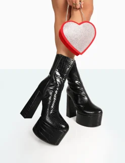 Store Parker Patent Croc Platform Rounded Pointed Toe Block Heeled Ankle Boots Platform Heels | High Heels