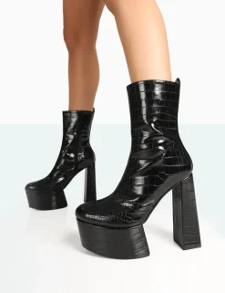 Store Parker Patent Croc Platform Rounded Pointed Toe Block Heeled Ankle Boots Platform Heels | High Heels