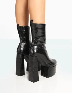 Store Parker Patent Croc Platform Rounded Pointed Toe Block Heeled Ankle Boots Platform Heels | High Heels