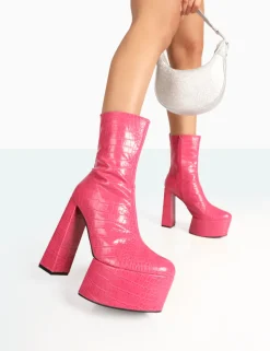 Hot Parker Patent Croc Platform Pointed Toe Block Heeled Ankle Boots Pink Heels | Platform Heels