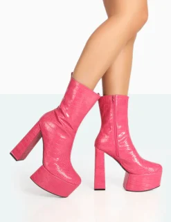 Hot Parker Patent Croc Platform Pointed Toe Block Heeled Ankle Boots Pink Heels | Platform Heels