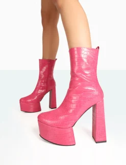 Hot Parker Patent Croc Platform Pointed Toe Block Heeled Ankle Boots Pink Heels | Platform Heels