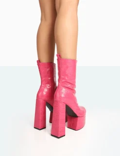 Hot Parker Patent Croc Platform Pointed Toe Block Heeled Ankle Boots Pink Heels | Platform Heels