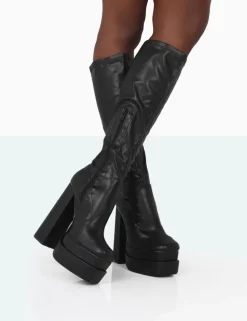 Cheap Passive PU Square Toe Platform Block High Heel Over The Knee Boots Wide Fit Block Heels | Block Heels