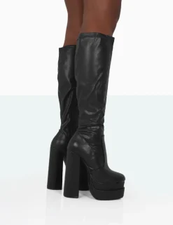 Cheap Passive PU Square Toe Platform Block High Heel Over The Knee Boots Wide Fit Block Heels | Block Heels