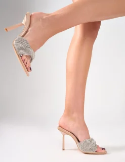 Outlet Pegasus Embellished Front Barely There Mules Diamante Heels | Mules