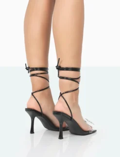 Fashion Peony Black Patent PU Strappy Bow Square Toe Stiletto Heels Bow Heels | Square Toe Heels