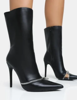 Fashion Pitstop Pu Zip Detail Pointed Toe Stiletto Heel Ankle Boots High Heels | Heeled Boots